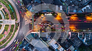 Aerial view Road roundabout, Expressway with car lots in the cit