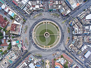 Aerial view Road roundabout, Expressway with car lots in the cit