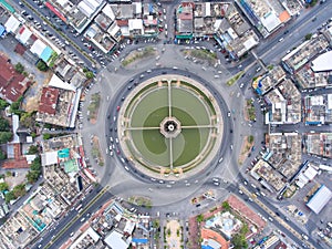 Aerial view Road roundabout, Expressway with car lots in the cit