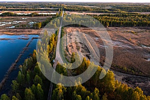 Aerial view of the road through the Tiruliai Nature Reserve in Lithuania
