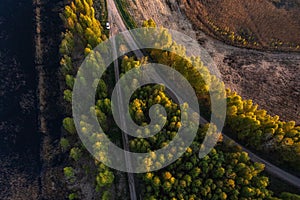 Aerial view of the road through the Tiruliai Nature Reserve in Lithuania