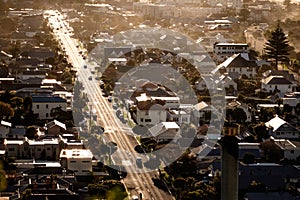 Aerial view of road, traffic, housing and buildings in Christchurch, New Zealand