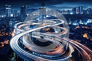 Aerial view of Road Traffic jam on multiple lane highway with speed light trail from car background, Expressway road junction in