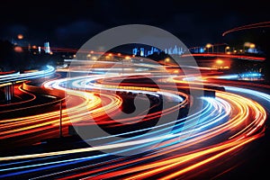 Aerial view of Road Traffic jam on multiple lane highway with speed light trail from car background, Expressway road junction in