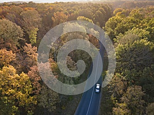 Aerial view of road with white car in beautiful autumn forest at sunset