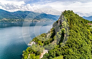 Aerial view of Rocca of Calde and Lake Maggiore in background, Castelveccana, Italy photo