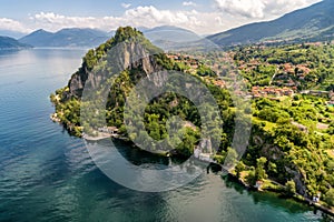 Aerial view of Rocca of Calde and Lake Maggiore, Castelveccana, Italy photo