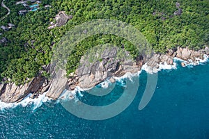 Aerial view of rock coastal line on Mahe Island, Seychelles