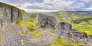 Aerial view of rock formation located in county Leitrim, Ireland called Eagles Rock