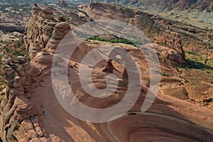 Aerial view of the rock formations and Delicate Arch in Arches National Park in Utah