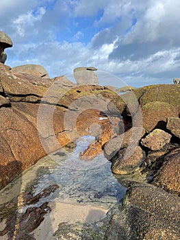 Aerial view of rock formations in Granitic rose Coast in Brittany