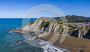 Aerial view of rock formations at Zumaia or Itzurun beach in Spain