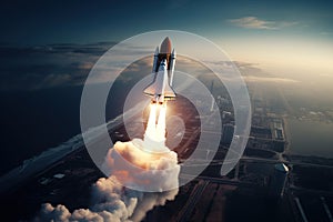 Aerial view of rocket launch at sunrise over ocean coast