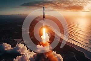 Aerial view of rocket launch at sunrise over ocean coast