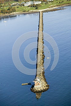 Aerial view of Rockland Lighthouse at end of jetty from the Samoset Resort, Maine photo