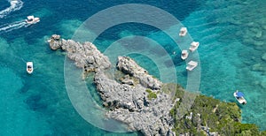 Aerial view of the rocks between the beach of Klimatia Beach and Limni beach on the island of Corfu. Coastline. Greece