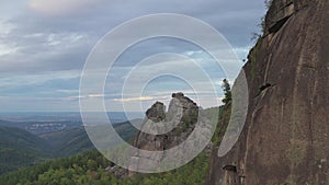 Aerial view of rocks and forest in the Siberian Stolby Nature Reserve