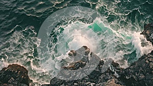 Aerial View of Rocks on the Ocean Coastline, Surreal overhead scenery of soft sea waves dashing against rough rocks