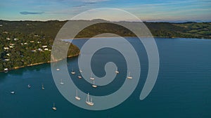 Aerial view of Rocky Bay, Waiheke Island in New Zealand.