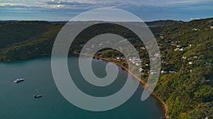 Aerial view of Rocky Bay, Waiheke Island in New Zealand.