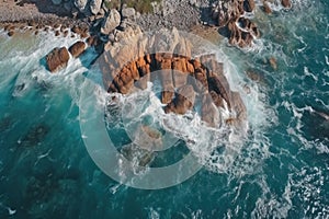 an aerial view of a rocky coastline with waves crashing against the rocks and the water crashing against the rocks and the