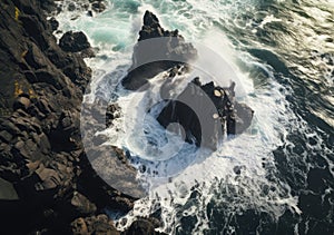 Aerial view of rocky coastline. Waves hitting in rocks. Birds eye view of the sea, cinimatic sea and moutain view. AI Generative