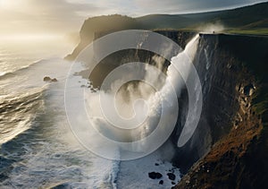 Aerial view of rocky coastline. Waves hitting in rocks. Birds eye view of the sea, cinimatic sea and moutain view. AI Generative