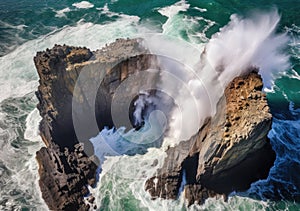 Aerial view of rocky coastline. Waves hitting in rocks. Birds eye view of the sea, cinimatic sea and moutain view. AI Generative