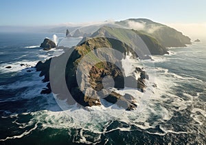 Aerial view of rocky coastline. Waves hitting in rocks. Birds eye view of the sea, cinimatic sea and moutain view. AI Generative