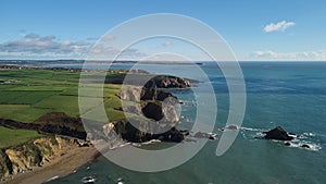 Aerial view of rocky formations of Cooper Coast of Waterford Ireland. Garrarus beach in Tramore