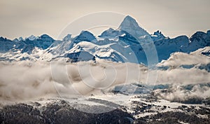An aerial view of the Rocky Mountains and Mount Assiniboine in winter