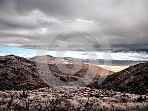 Aerial view of rocky mountains surrounded by bushes in Joshua National Park