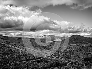 Aerial view of rocky mountains surrounded by bushes in Joshua National Park