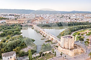 Aerial view of Roman bridge and Mosque - Cathedral of Cordoba, Andalusia, Spain