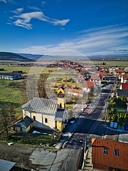 Aerial view of Roman Catholic church in Dubravy village near Detva town