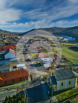 Aerial view of Roman Catholic church in Dubravy village near Detva town