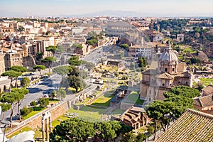 Aerial view of the Roman Forum and Colosseum in Rome, Italy