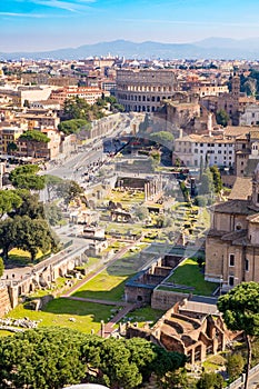 Aerial view of the Roman Forum and Colosseum in Rome, Italy. Rom