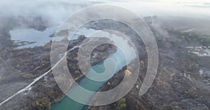 Aerial view of Romania Countryside in autumntime. Sunrise, dawn, early misty fog