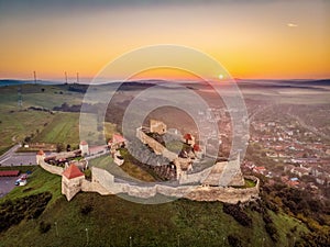 Aerial view of Romania Rupea Fortress at sunrise, Romania symbol in Transylvania