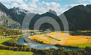 Aerial view Romsdal Mountains valley and river landscape in Norway