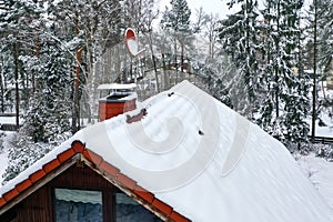 Aerial view of the roof of a family house with a chimney and a satellite dish in the forest after heavy snowfall in winter