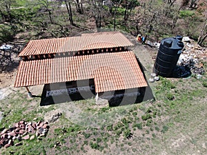 Aerial view of the roof of a rural house