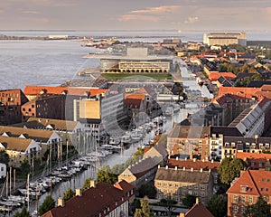 Aerial View of Roofs and Canals of Copenhagen in the Evening, Denmark