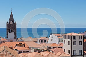 Aerial view roofs of Funchal with cathedral tower, Madeira, Portugal