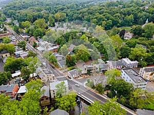 Aerial view of roofs a small town the houses in the New Hope in Pennsylvania country landscape