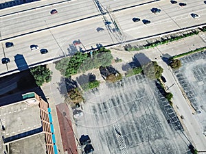Aerial view rooftop of multistory garage in downtown Dallas
