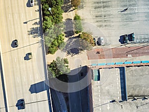 Aerial view rooftop of multistory garage in downtown Dallas