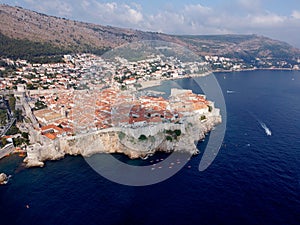 Aerial view of rooftops of Dubrovnik old historical town and Adriatic sea in Croatia. UNESCO World Heritage site, Famous