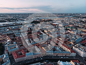 Aerial view of rooftops of Saint Petersburg. On the background St. Isaac\'s Cathedral and Peter and Paul Cathedral.
